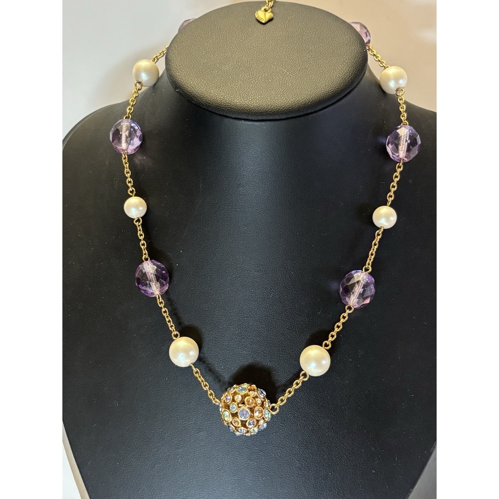 Vintage Carolee Faux Pearl Purple Rhinestone Crystal Station Necklace 18"